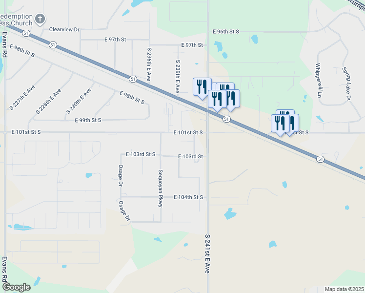 map of restaurants, bars, coffee shops, grocery stores, and more near 23808 East 102nd Street in Broken Arrow