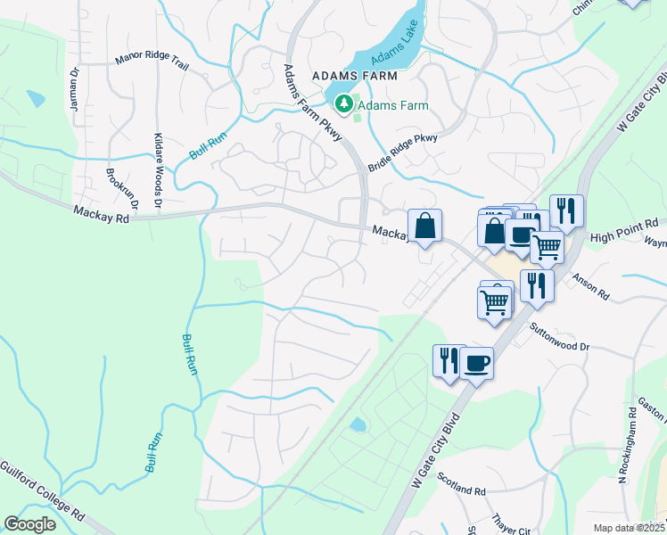 map of restaurants, bars, coffee shops, grocery stores, and more near 5501 Clustermill Drive in Greensboro