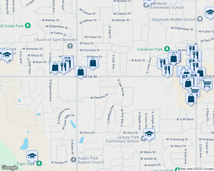 map of restaurants, bars, coffee shops, grocery stores, and more near 1512 West Orlando Place in Broken Arrow
