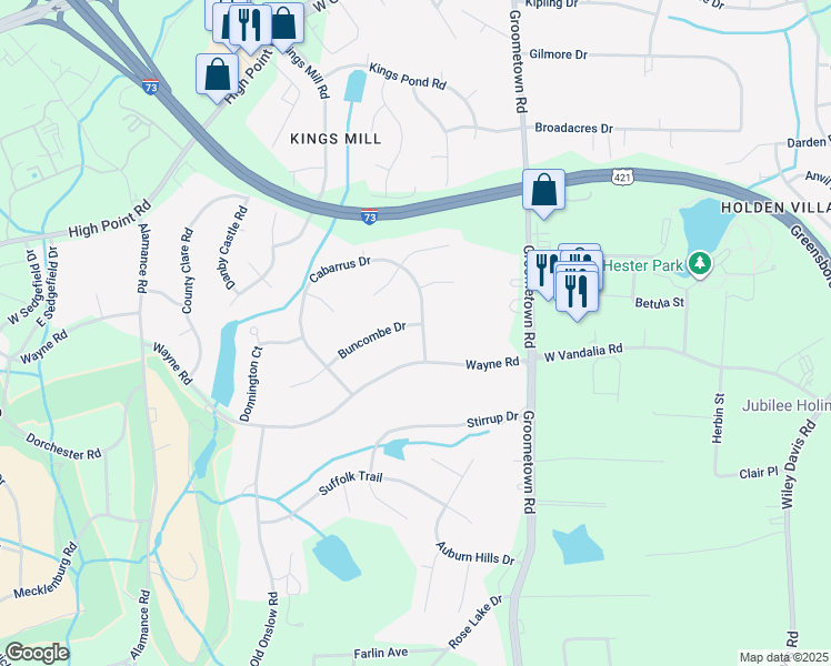 map of restaurants, bars, coffee shops, grocery stores, and more near 3801 Buncombe Drive in Greensboro