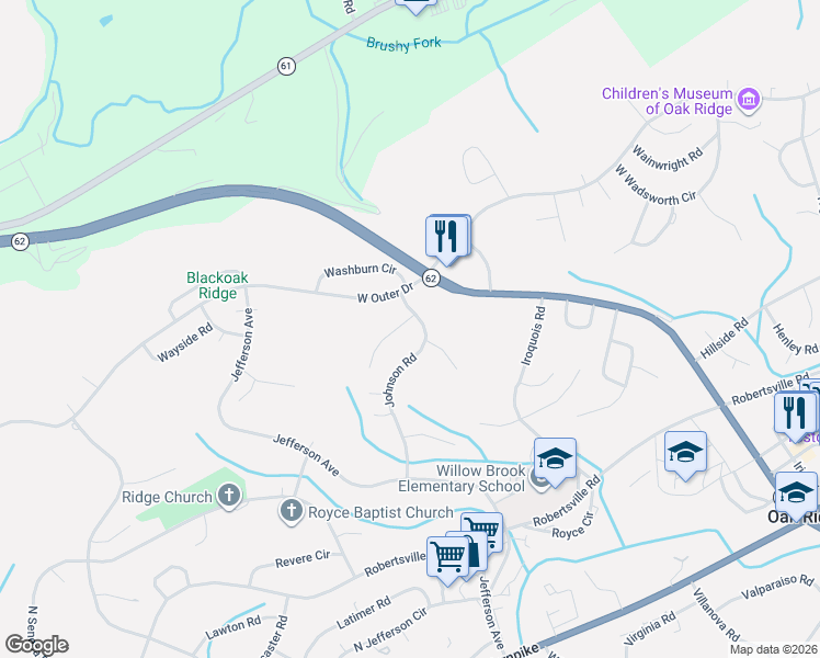 map of restaurants, bars, coffee shops, grocery stores, and more near 173 Johnson Road in Oak Ridge