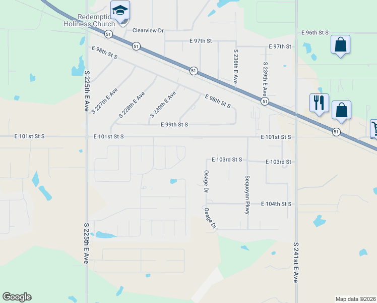 map of restaurants, bars, coffee shops, grocery stores, and more near 23300 East 101st Street in Broken Arrow