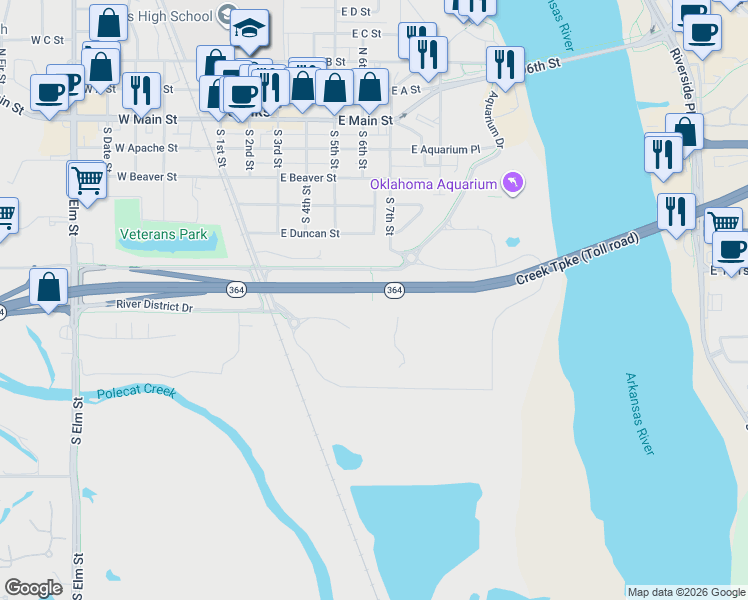 map of restaurants, bars, coffee shops, grocery stores, and more near 9160 South 24th West Avenue in Jenks