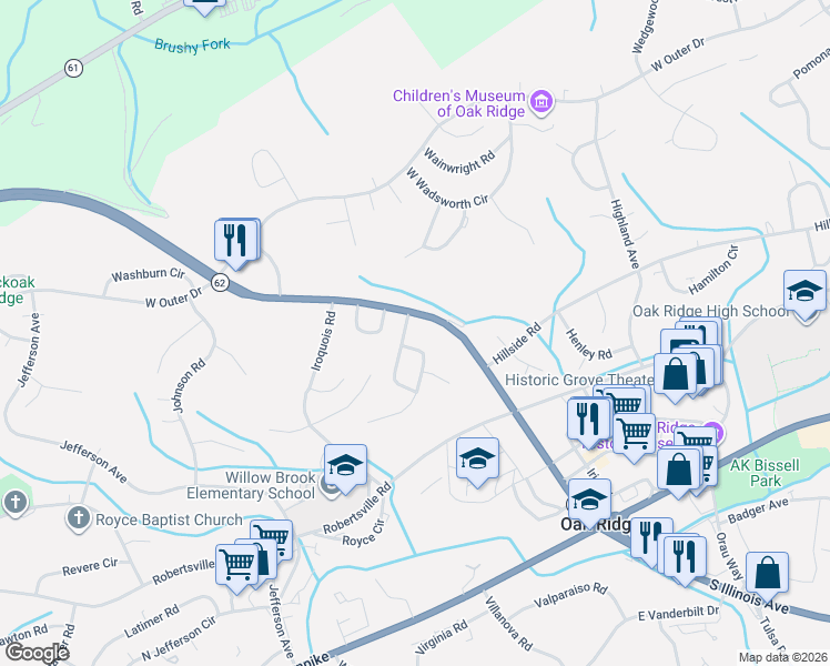 map of restaurants, bars, coffee shops, grocery stores, and more near 102 Independence Lane in Oak Ridge