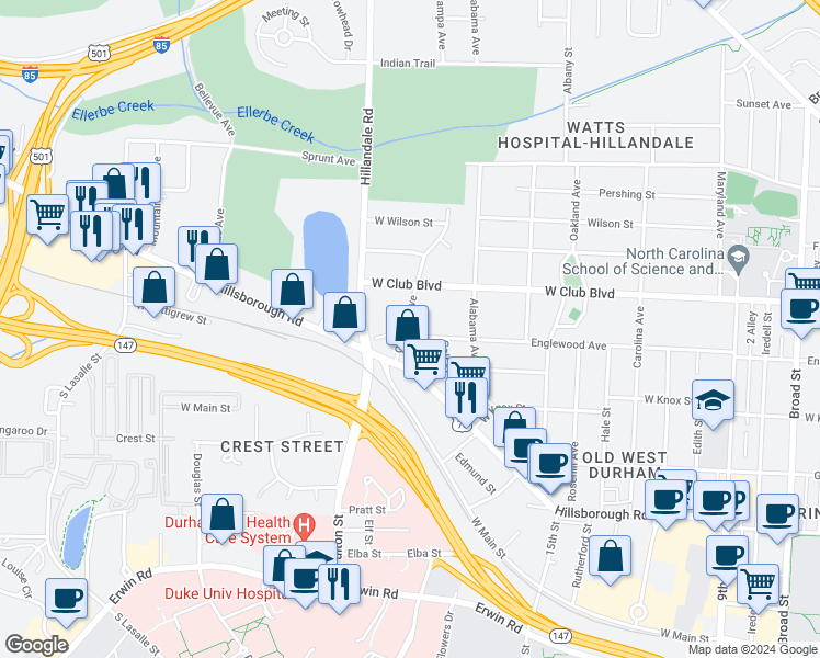 map of restaurants, bars, coffee shops, grocery stores, and more near 2518 Englewood Avenue in Durham