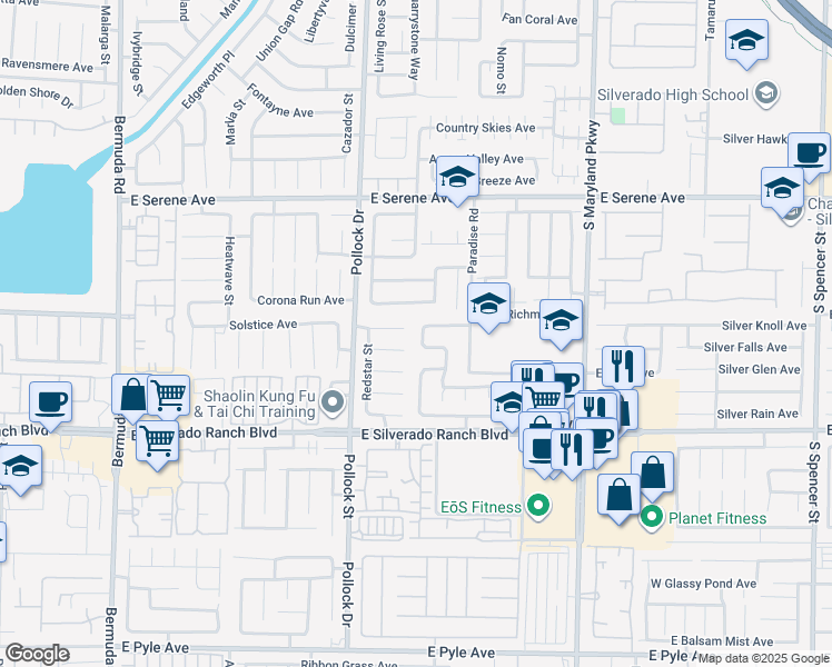 map of restaurants, bars, coffee shops, grocery stores, and more near 9519 Cactus Club Drive in Las Vegas