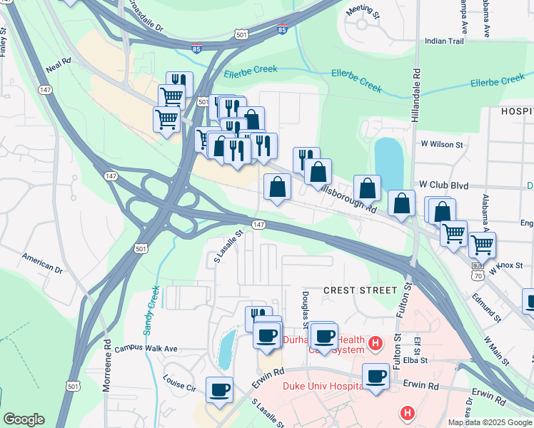 map of restaurants, bars, coffee shops, grocery stores, and more near 105 South Lasalle Street in Durham
