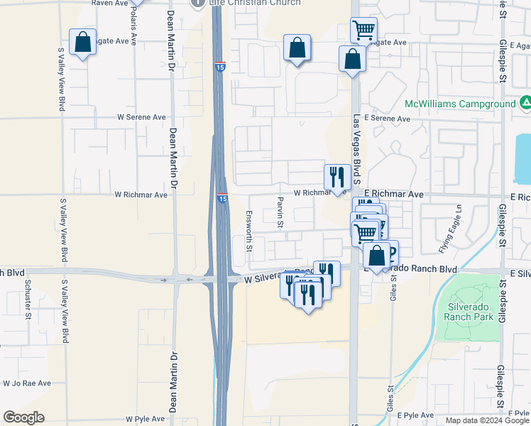 map of restaurants, bars, coffee shops, grocery stores, and more near 2697 Hillgrass Road in Las Vegas
