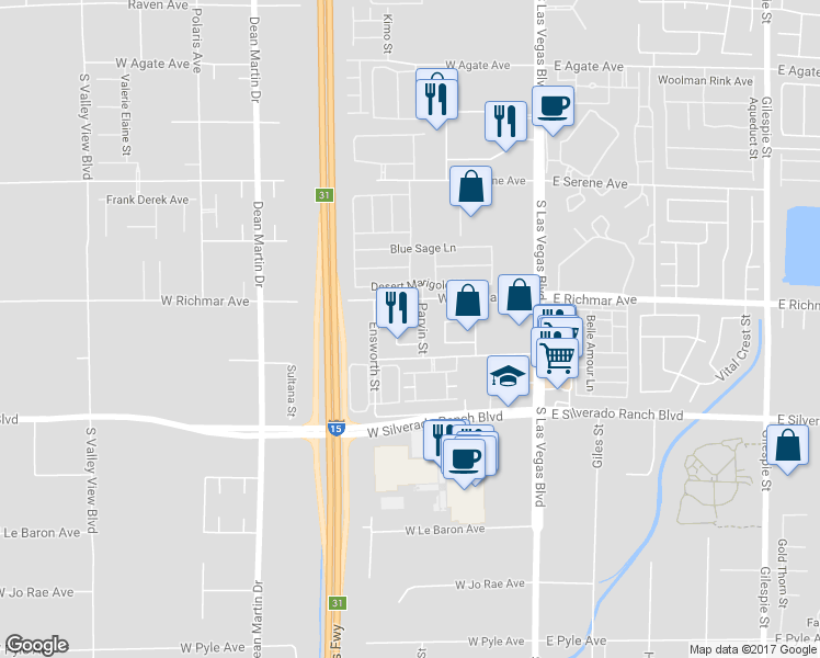 map of restaurants, bars, coffee shops, grocery stores, and more near 2661 Hillgrass Road in Las Vegas