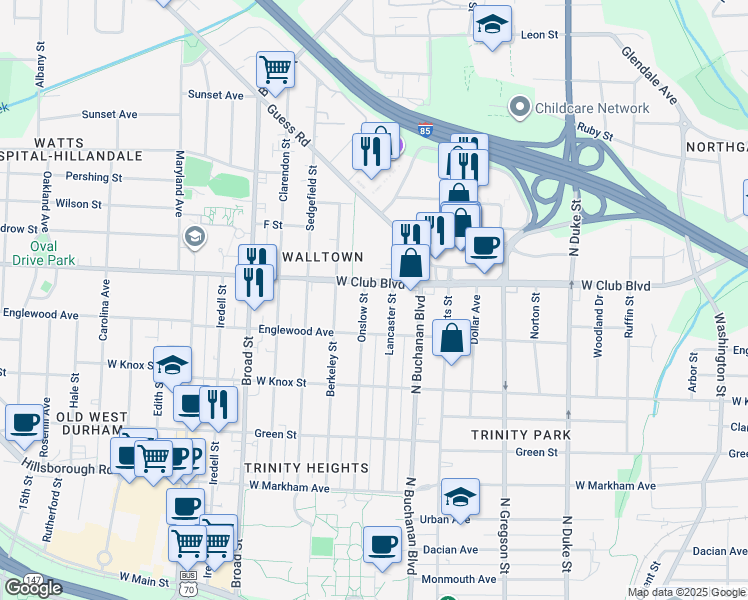 map of restaurants, bars, coffee shops, grocery stores, and more near 1305 West Club Boulevard in Durham