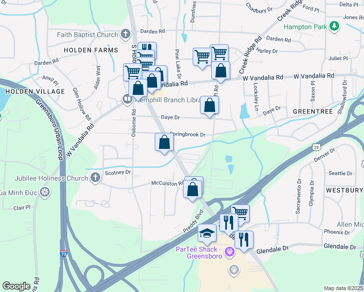 map of restaurants, bars, coffee shops, grocery stores, and more near 3507 South Holden Road in Greensboro