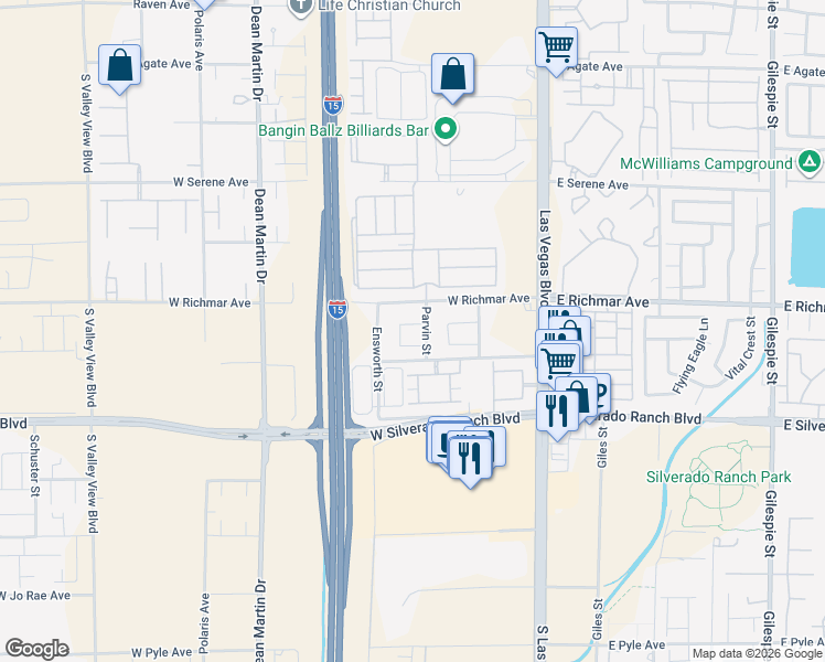 map of restaurants, bars, coffee shops, grocery stores, and more near 2661 Hillgrass Road in Las Vegas