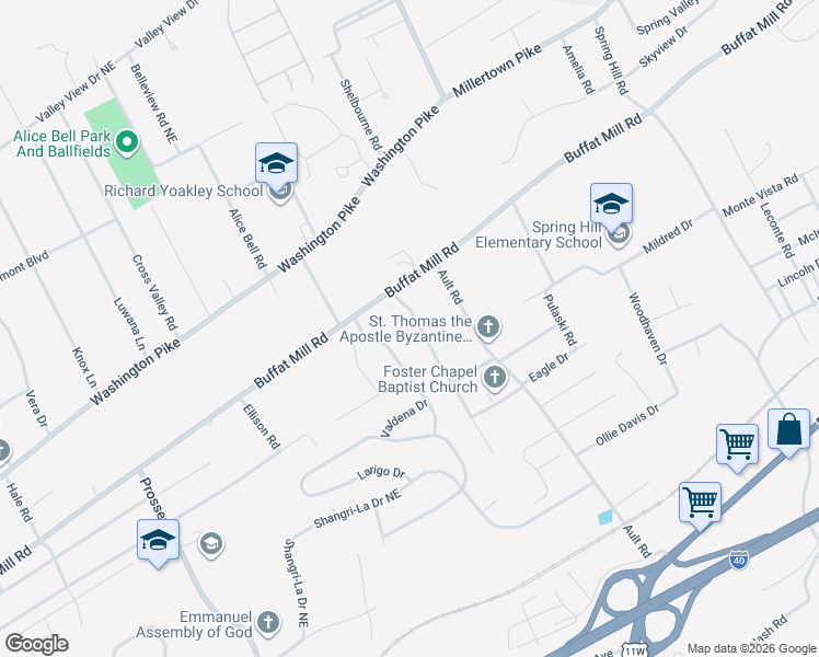 map of restaurants, bars, coffee shops, grocery stores, and more near 2505 Pleasant View Road in Knoxville
