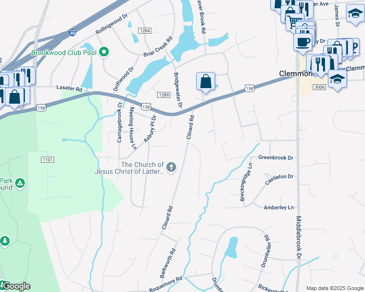 map of restaurants, bars, coffee shops, grocery stores, and more near 4394 Clinard Road in Clemmons