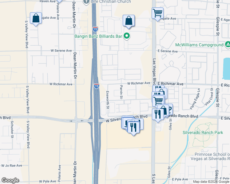 map of restaurants, bars, coffee shops, grocery stores, and more near 2697 Hillgrass Road in Las Vegas