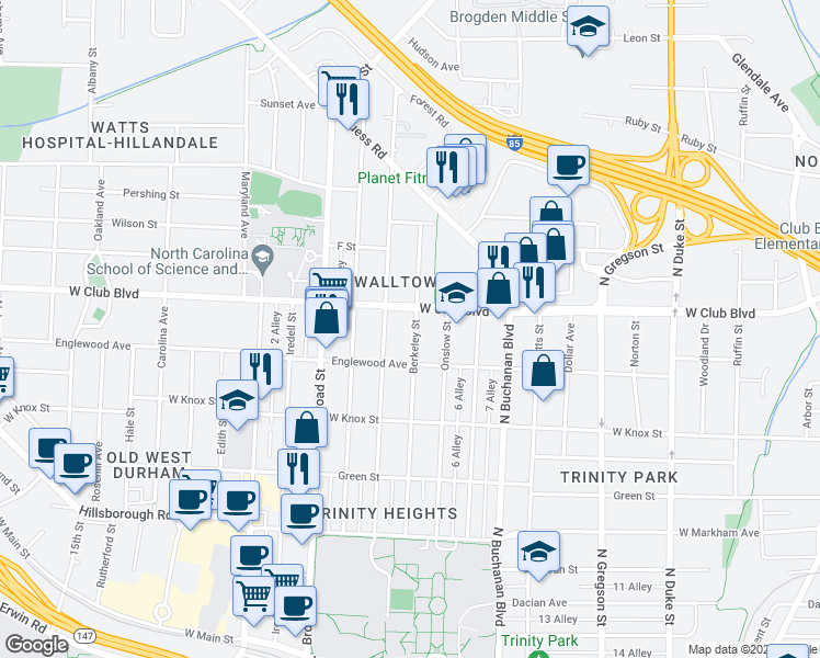 map of restaurants, bars, coffee shops, grocery stores, and more near 1115 Berkeley Street in Durham