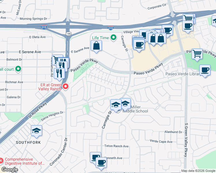 map of restaurants, bars, coffee shops, grocery stores, and more near 2516 Stonequist Avenue in Henderson