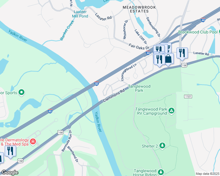 map of restaurants, bars, coffee shops, grocery stores, and more near 4328 Riverside Drive in Clemmons