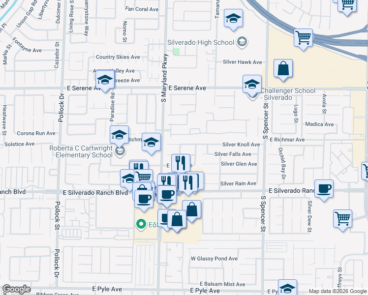 map of restaurants, bars, coffee shops, grocery stores, and more near 1305 Silver Knoll Avenue in Las Vegas