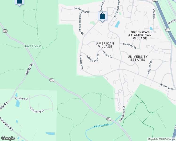 map of restaurants, bars, coffee shops, grocery stores, and more near 4402 American Drive in Durham