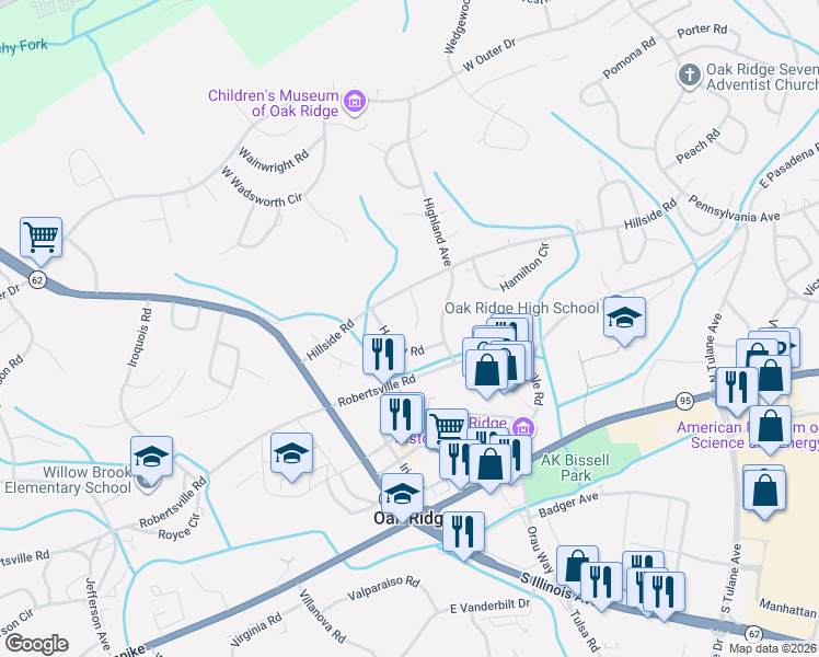 map of restaurants, bars, coffee shops, grocery stores, and more near 108 Henderson Lane in Oak Ridge