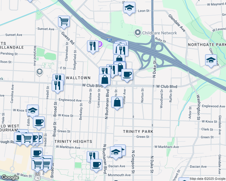 map of restaurants, bars, coffee shops, grocery stores, and more near 1417 Watts Street in Durham