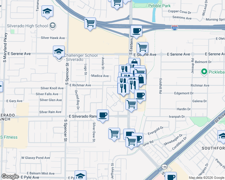 map of restaurants, bars, coffee shops, grocery stores, and more near 2300 East Silverado Ranch Boulevard in Las Vegas