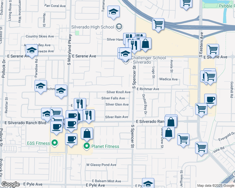 map of restaurants, bars, coffee shops, grocery stores, and more near 1647 Silver Knoll Avenue in Las Vegas