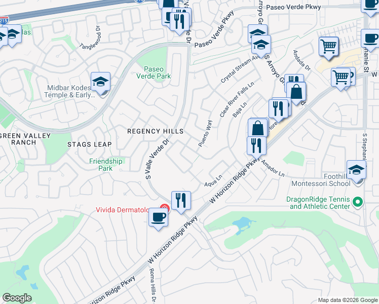 map of restaurants, bars, coffee shops, grocery stores, and more near 1781 Lakewood Drive in Henderson