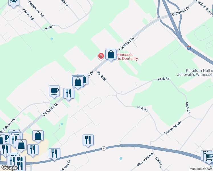 map of restaurants, bars, coffee shops, grocery stores, and more near 6625 Keck Road in Knoxville