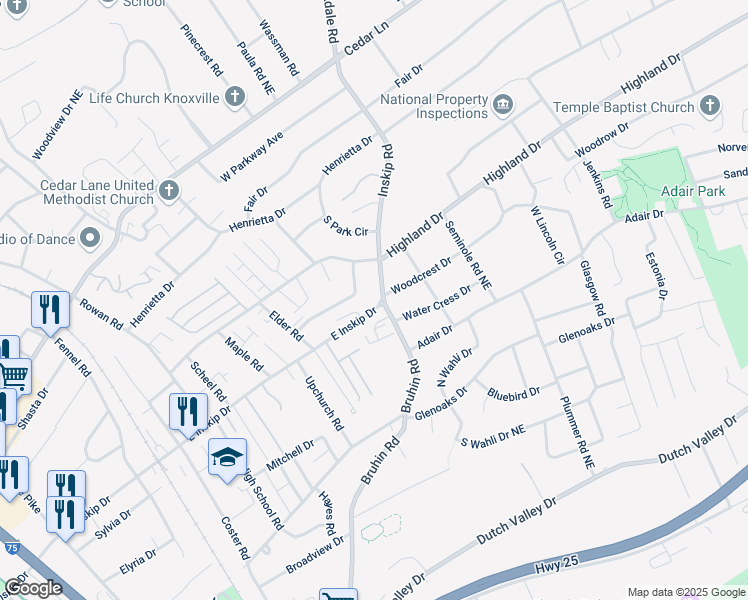 map of restaurants, bars, coffee shops, grocery stores, and more near 917 East Inskip Drive in Knoxville