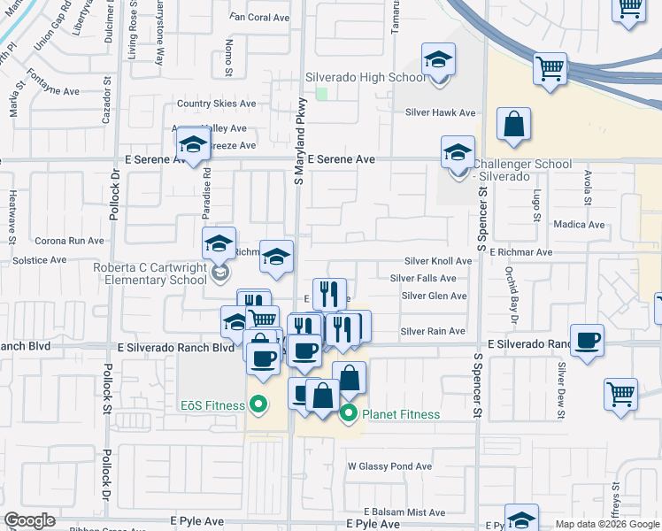 map of restaurants, bars, coffee shops, grocery stores, and more near 1271 Silver Knoll Avenue in Las Vegas