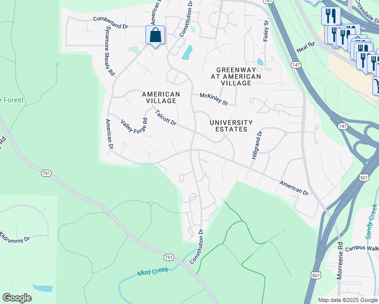 map of restaurants, bars, coffee shops, grocery stores, and more near 4200 American Drive in Durham