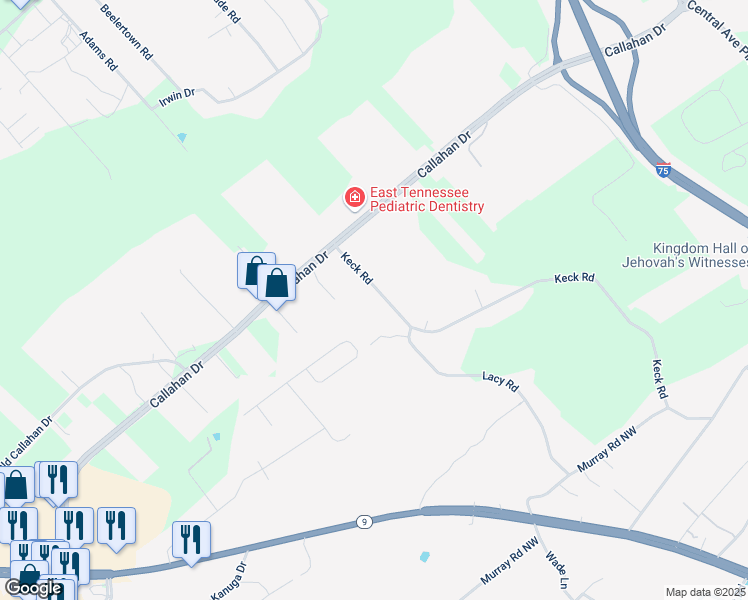 map of restaurants, bars, coffee shops, grocery stores, and more near 6625 Keck Road in Knoxville