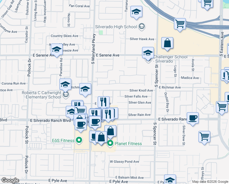 map of restaurants, bars, coffee shops, grocery stores, and more near 9520 Silver Frost Street in Las Vegas