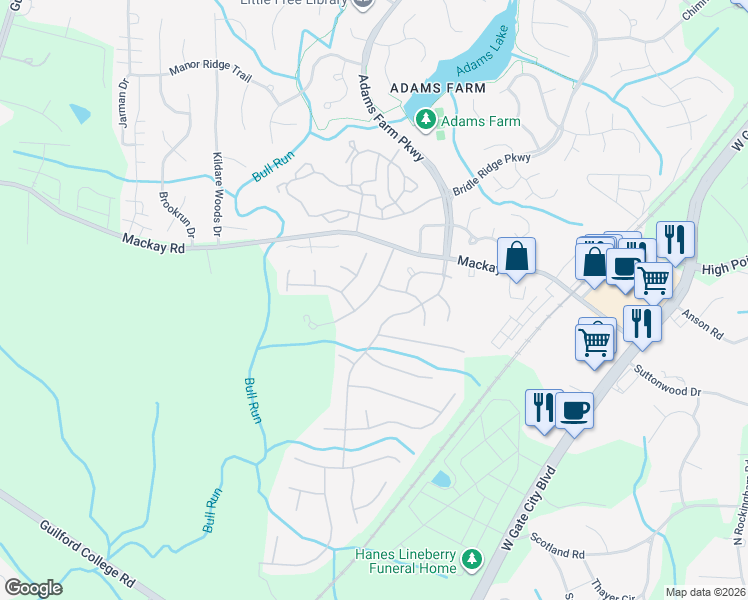 map of restaurants, bars, coffee shops, grocery stores, and more near 2205 Acorn Ridge Road in Greensboro