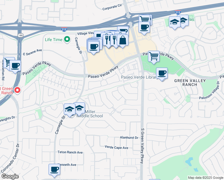 map of restaurants, bars, coffee shops, grocery stores, and more near 319 Brilliant Summit Circle in Henderson