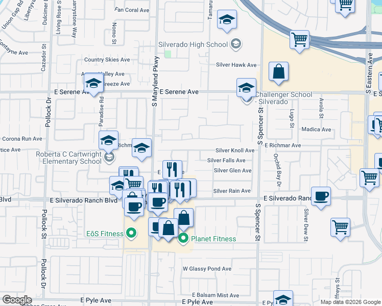 map of restaurants, bars, coffee shops, grocery stores, and more near 9520 Silver Frost Street in Las Vegas