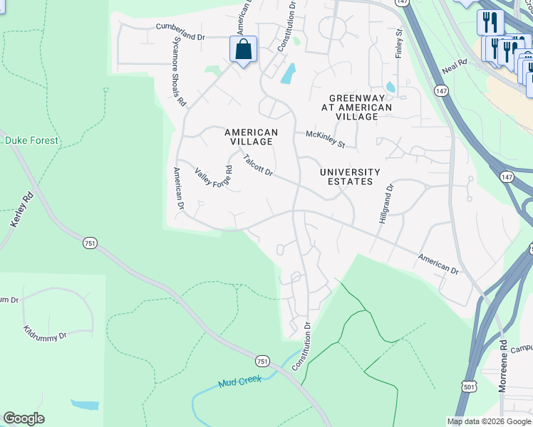 map of restaurants, bars, coffee shops, grocery stores, and more near 3 Barrington Place in Durham