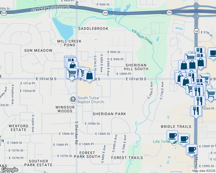 map of restaurants, bars, coffee shops, grocery stores, and more near 10106 South 69th East Avenue in Tulsa