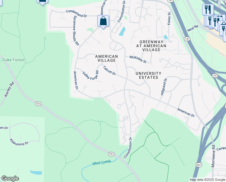 map of restaurants, bars, coffee shops, grocery stores, and more near 3 Barrington Place in Durham