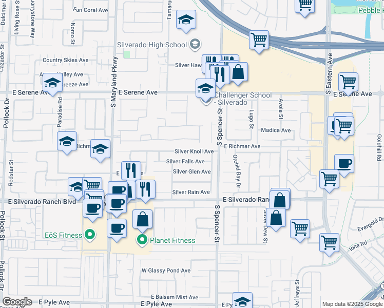 map of restaurants, bars, coffee shops, grocery stores, and more near 1647 Silver Knoll Avenue in Las Vegas