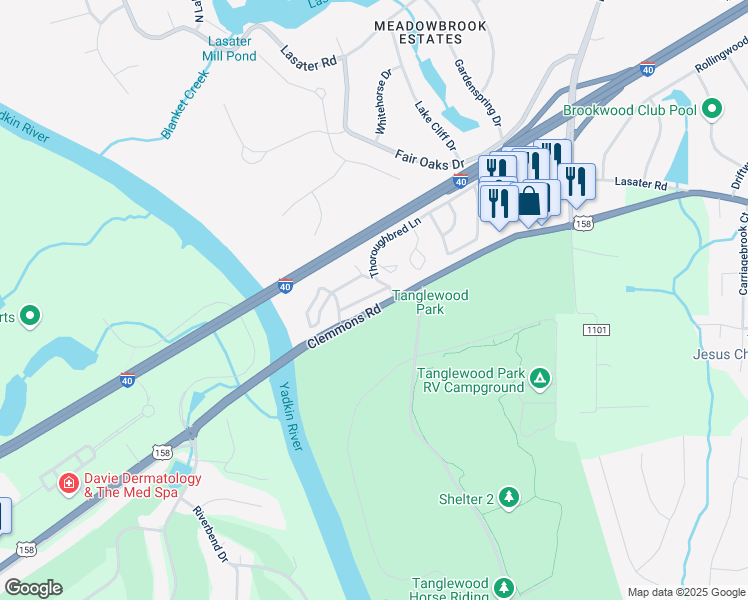 map of restaurants, bars, coffee shops, grocery stores, and more near 7520 Riverside Court in Clemmons
