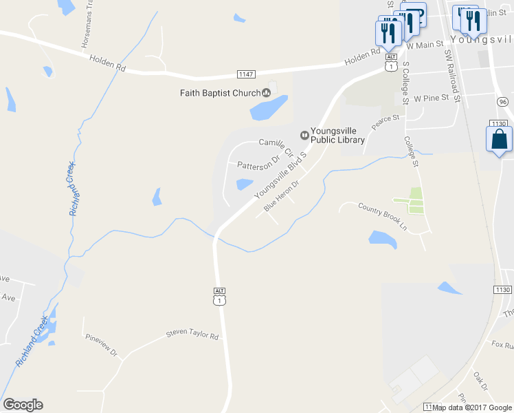 map of restaurants, bars, coffee shops, grocery stores, and more near 401 Blue Heron Drive in Youngsville