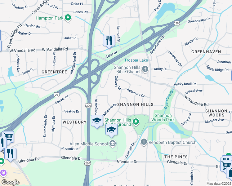 map of restaurants, bars, coffee shops, grocery stores, and more near 4000 Galway Drive in Greensboro