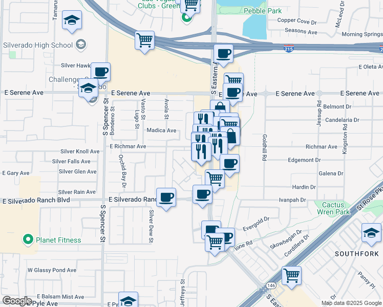 map of restaurants, bars, coffee shops, grocery stores, and more near 2300 East Silverado Ranch Boulevard in Las Vegas