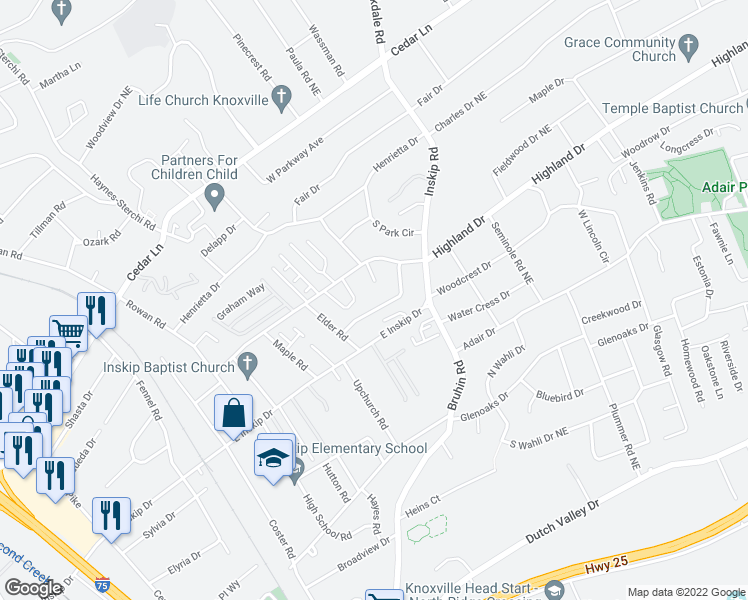 map of restaurants, bars, coffee shops, grocery stores, and more near 906 Blue Spruce Way in Knoxville