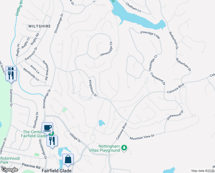 map of restaurants, bars, coffee shops, grocery stores, and more near 21 Bent Oak Lane in Crossville