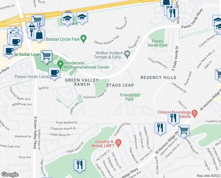 map of restaurants, bars, coffee shops, grocery stores, and more near 1986 Thunder Ridge Circle in Henderson