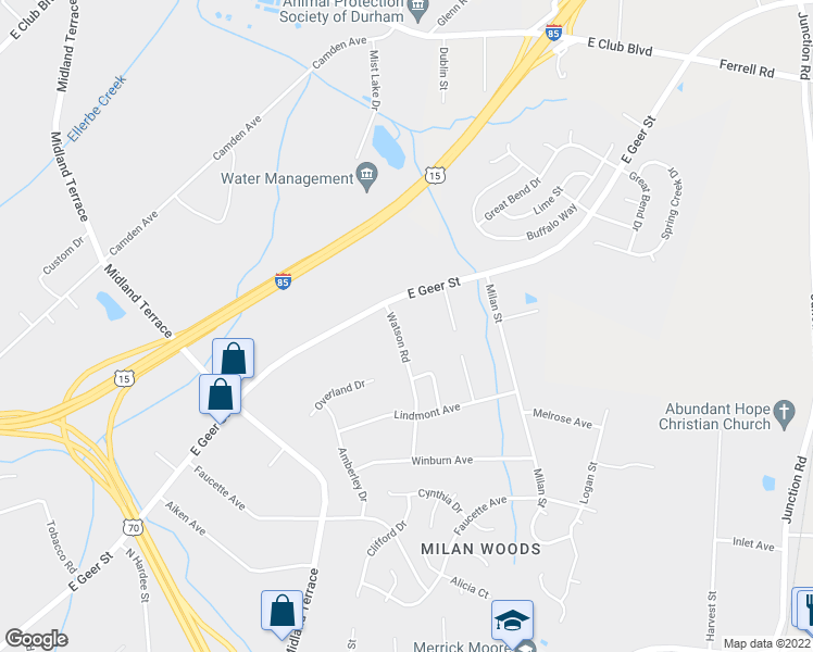 map of restaurants, bars, coffee shops, grocery stores, and more near 1911 Watson Road in Durham